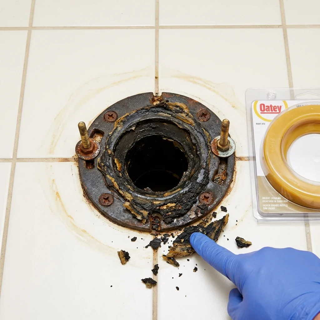 Failed wax ring showing water seepage at the base of a toilet in a Stonewall, MS home
