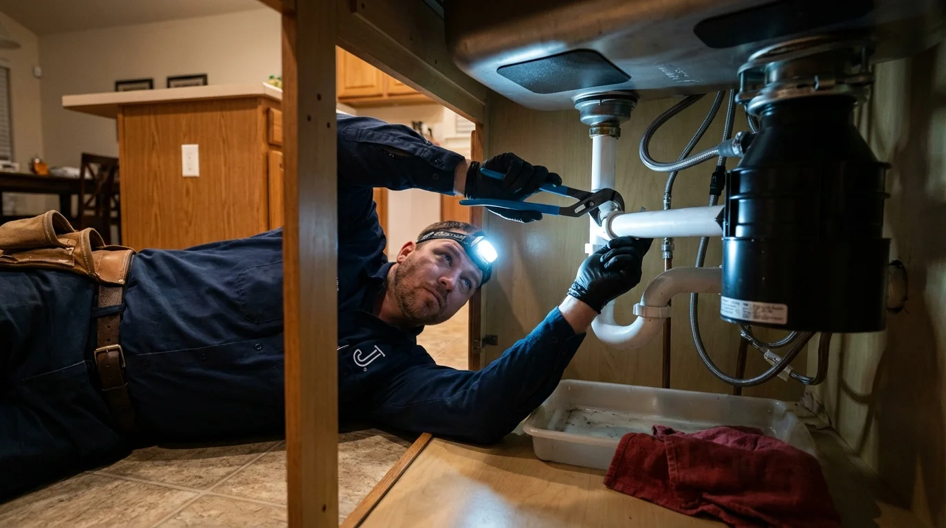 P-trap and supply line connections under a kitchen sink showing a common leak point in Stonewall, MS